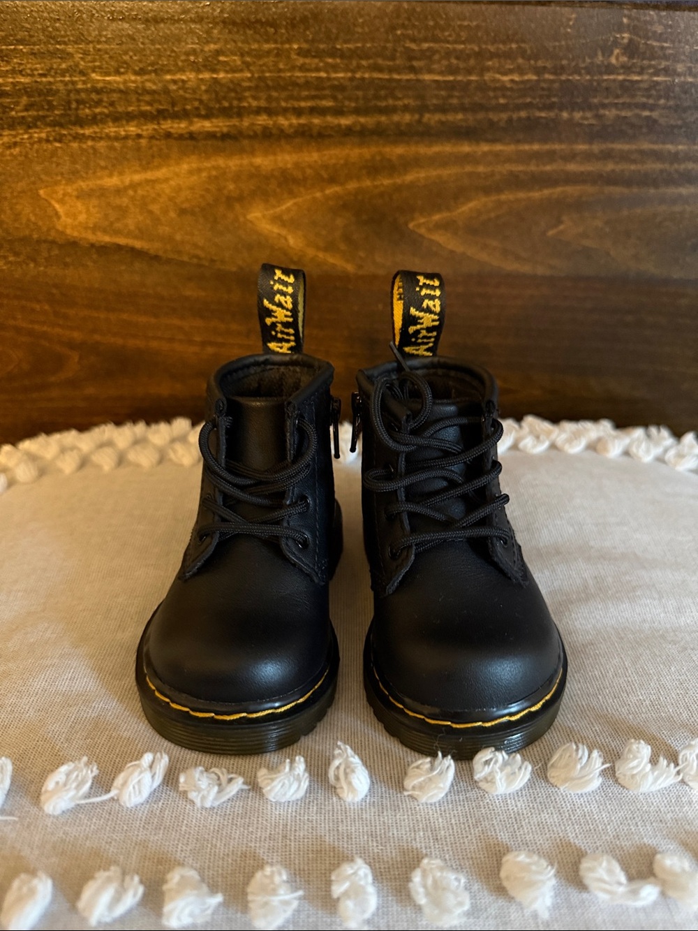 Dr. Martens Kids Black Lace-Up Boots with Yellow Stitching